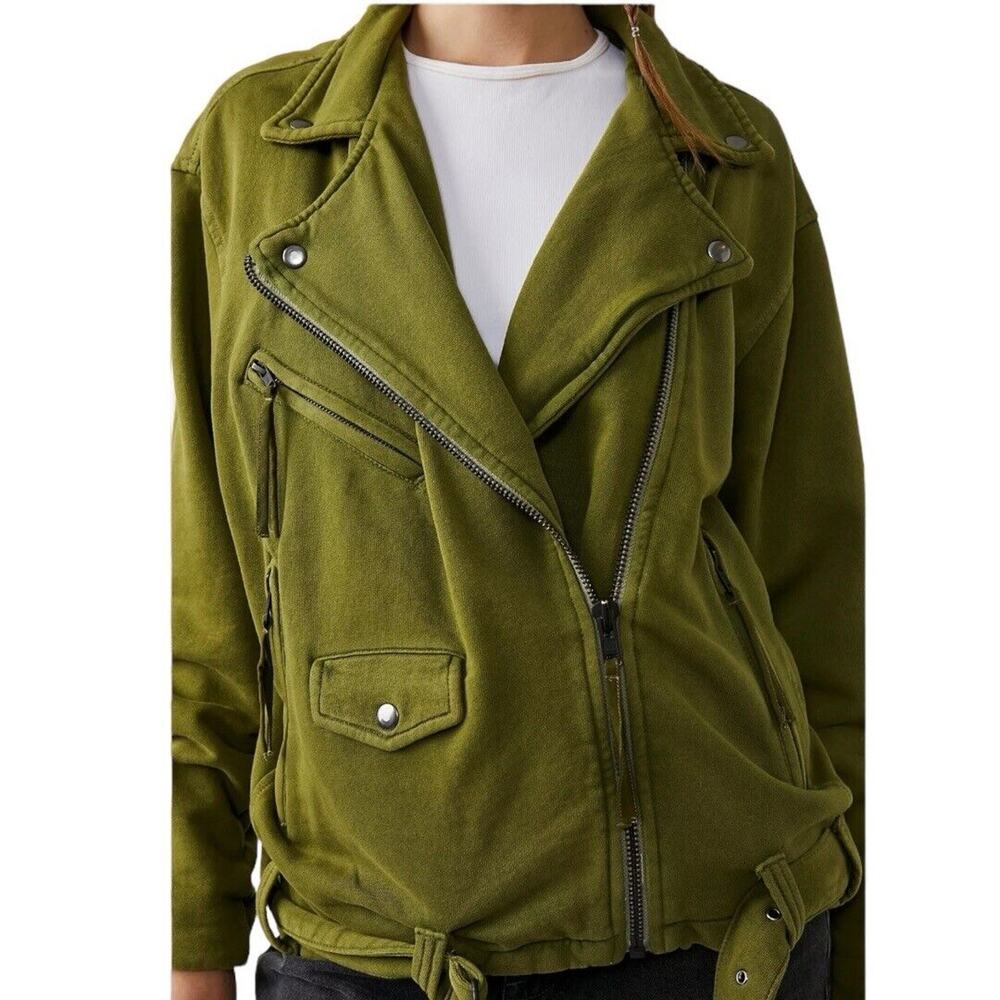Free People Rebel Knit Green Moto Jacket SZ S NEW Oversized Slouchy Baggy Cotton - Picture 3 of 13